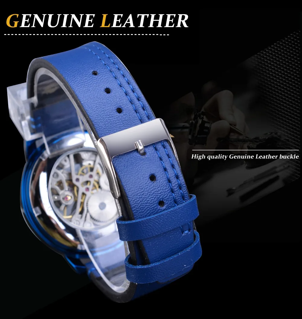 Forsining Mens Full Blue Mechanical Watches Hand Winding Analog Genuine Leather Belt Business Dress Wristwatch Relogio Masculino