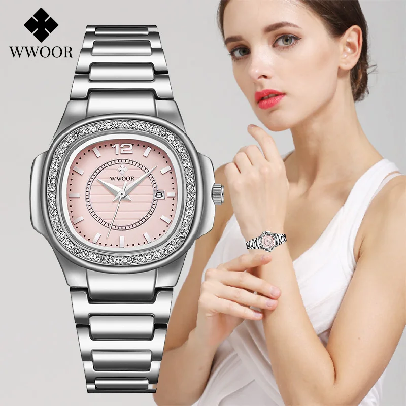 

Ladies Wrist Watches 2020 Pink Watch Women WWOOR Top Brand Luxury Crystal Women Quartz Square Watch Waterproof Montre Femme Gift