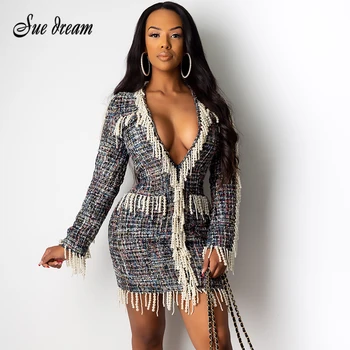 

2020 New Summer Women's Sexy Long Sleeve Deep V-Neck Tassel Beaded Mini Dress Bodycon Celebrity Club Party Dress Vestidos