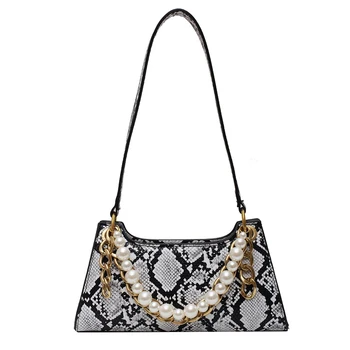 

New Elagant Women Shoulder Bags With Chain Pearl Serpentine Pu Leather Handbags Tote For Lady Female Casual Messenger Bags