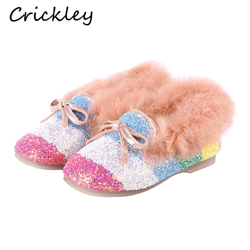 

Winter Children Girls Flat Shoes Fashion Rainbow Sequins Sparkling Fur Warm Girls Shoes Princess Party Soft Sole Single Shoes