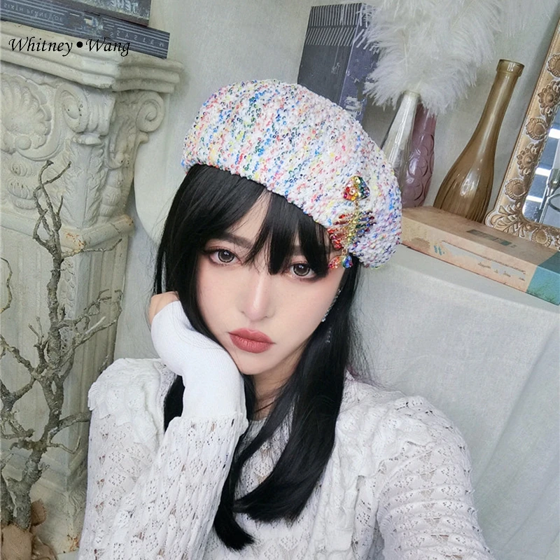WHITNEY WANG,, модная уличная одежда, бриллианты, рыба, пэчворк, мерцающие блестки, берет, шапка, женская шапка, кепка s, кепка художника, береты