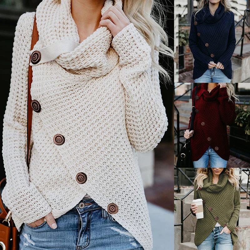 Women Turtleneck Sweater Autumn Causal Loose Buttons Knitted Female Pullover Fashion Irregular Solid Plus Size Jumper Sweaters | Женская