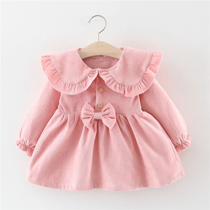 Осенняя одежда в стиле принцессы вельветовое платье Vestidos для новорожденных девочек детская одежда с бантом, для куклы воротник Платья для праздников и дней рождения S9562 - Цвет: Pink