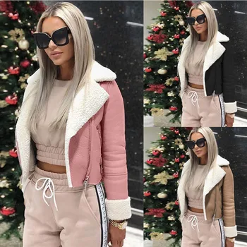 

Women Faux Leather Cool Pilot Jacket 2019 Winter Warm Lapel Suede Buckle Lamb Wool Motorcycle Jackets Coat Female 2019