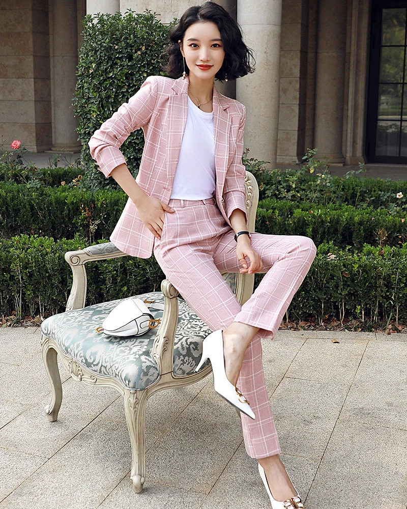 Casual Plaid Pant Suit Women S-5XL Female Blazer Suit Pink White Black Jacket Coat And Pant 2 Piece Set