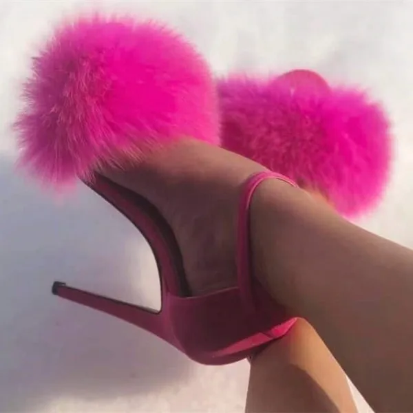 Pink Peep Toe Fluffy Sandals Fuchsia Suede Ankle Strap Heels Stilettos Heel  Women Thin Heel Shoes Sandals Wedding Party Shoes - Women's Sandals -  AliExpress