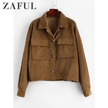 

ZAFUL Flap Pockets Button Front Corduroy Shirt Jacket For Women Shirt Collar Wide-Waisted Solid Color Cotton Jackets Ladies