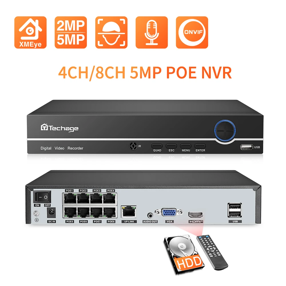 Techage H.265 4CH 8CH POE NVR Kit 2MP 5MP Security IP Camera NVR System P2P CCTV Video Recorder Surveillance Set Support ONVIF