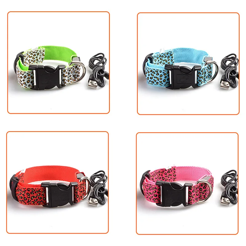 Pet Products Leopard Design Dog Supplies Luminous Anti-Lost Night Safety Flashing Glow Collars Nylon LED Dog Collar