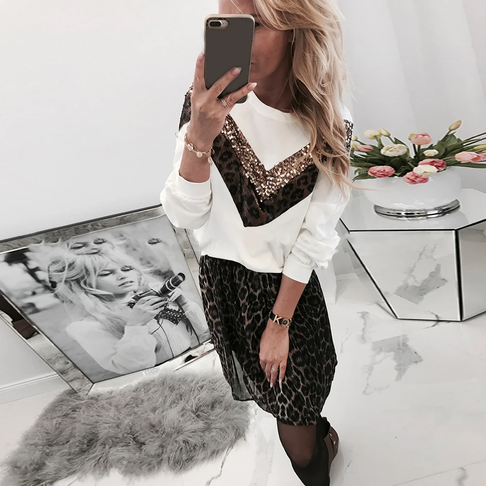  Sequin Lady Blouse And Shirt Patchwork White Black Women Shirt Top Long Sleeve Autumn Fashion Leopa