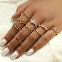 Bohemia Crystal Hollow Heart Fidget Ring Girl Women's Rings Set Trend  Rhinestones Jewelry Romantic Engagement Gift New