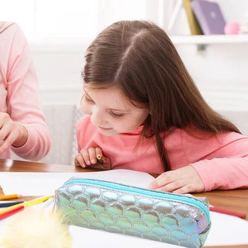

Sequins Fish Tail Pencil Bag PU Girls Pompom School Pencil Case School Stationery Large Capacity Hairball Coin Case