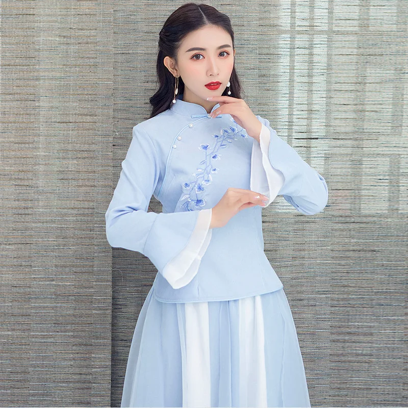 Sheng Coco блузки Hanfu Китайский стиль Cheongsam топы с длинными рукавами в виде листьев лотоса костюм Тан женский хлопок вышивка Qipao рубашка