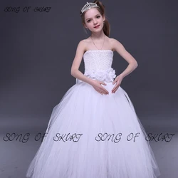 Mono Strapless Wedding Flower Girl Dresses Artificial Flower Bow Knot Daughter Party Gown Brushed Ball Fairy Formal Skirt