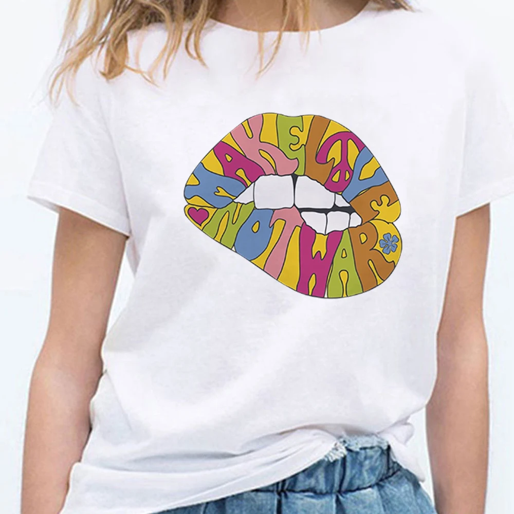 

New Arrival Graphic Casual Women PEACE&LOVE Tee Casual Loose Harajuku Soft Short Sleeve Tops Shirts Clothing NOT WAR T Shirts