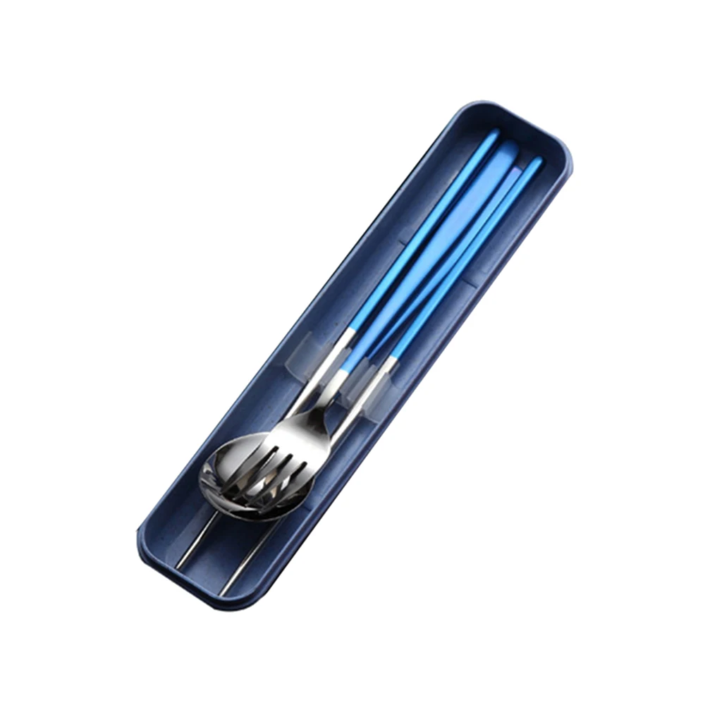 3Pcs Stainless Steel Chopsticks Spoon Fork Tableware Set Portable Gift Box Adult School Travel Picnic Wheat Straw Cutlery Set - Цвет: blue