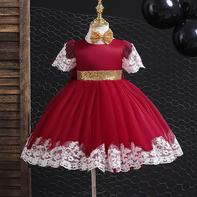 

Spring Evening Dress For Girls Christmas Princess Ball Gown Big Bow Embroidered Children Birthday Party Fluffy Vestidos Headwear