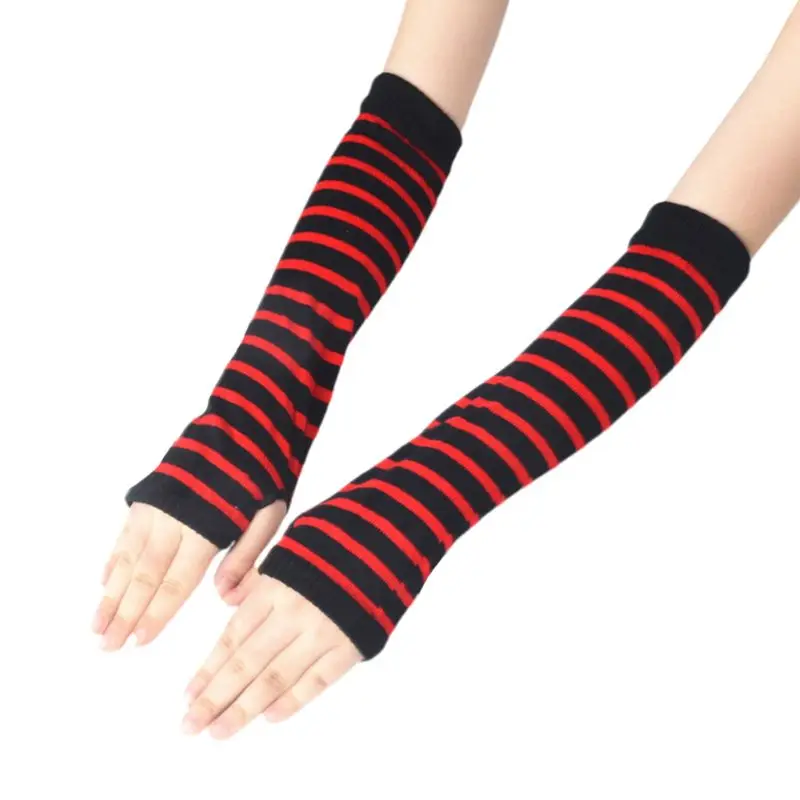 Women Girls Knitted Fingerless Long Gloves Stripes Printed Over Elbow Length Winter Stretchy Arm Warmer Sleeves with Thumb Hole - Цвет: 9