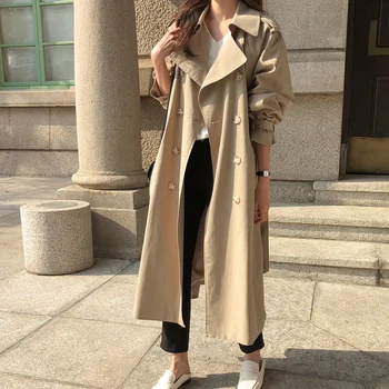 

Fashion Waist Hugging Thin & Long Jacket For Women 2020 Korean Casual Autumn Trench Coat With Belt Double Breasted Windbreakers