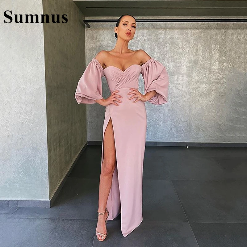 light blue prom dresses Sumnus Simple Dusty Pink Satin Prom Gowns Lon Off the Shoulder Formal Evening Dresses with High Split Bridesmaid Party Dress burgundy prom dresses