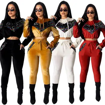 

2Pcs/Set 2020 Casual Women fitness sportswear Velvet Sequins Patchwork Hoodie Sweatshirt Pants legging Tracksuit