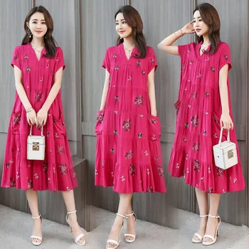 

Explosion 2020 Summer New Korean Version of the Large Size Women's Short-Sleeved Printed Dress Women Long Base Shirt