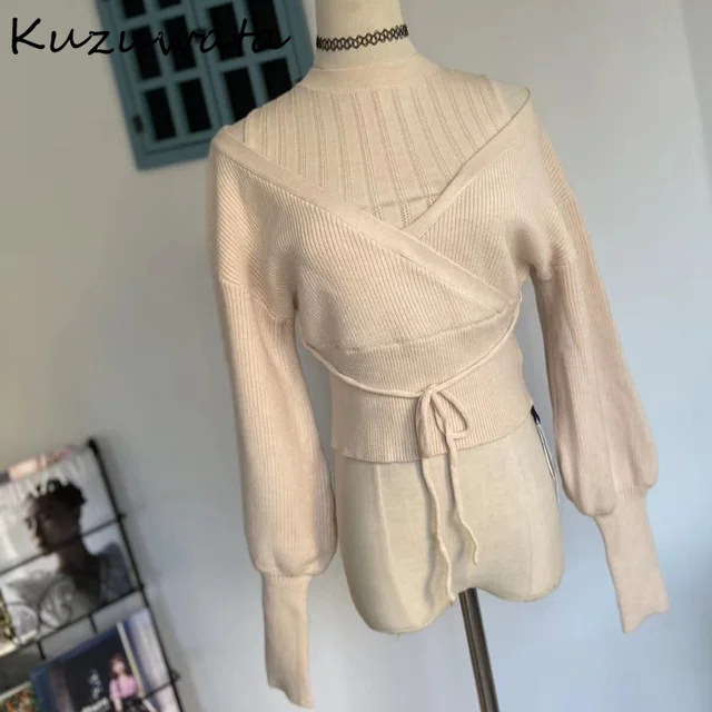 Kuzuwata Half-high Collar Drawstring Knitted Sweaters Sweet Loose Shoulder Strapless Women Jackrt Autumn Winter New Pullovers 2