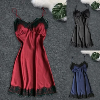 

Plus Size Night Dress Nightgown Sexy Nightwear Lace Patchwork Camisole Lingerie Satin Silk Sleepwear Nightdress Clothes A20