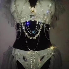 Женский праздничный костюм на день рождения, костюм для ночного клуба, сценический танцевальный наряд, блестящий бюстгальтер со стразами, короткий женский певец, наряд с бикини