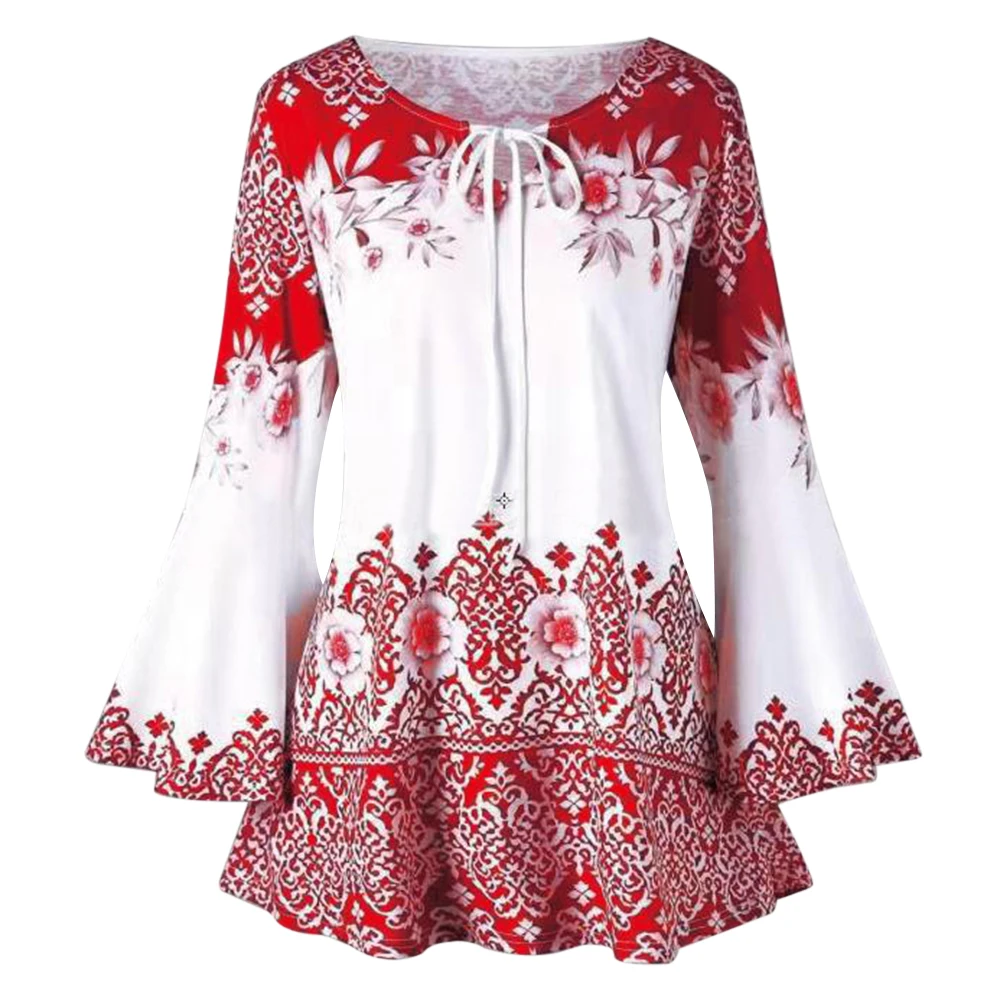 MoneRffi Для женщин блузка рубашка с длинными рукавами Сексуальная Печать Волнистый подол облегающее платье туника галстуком-бабочкой блуза Для женщин Волнистый подол блузка