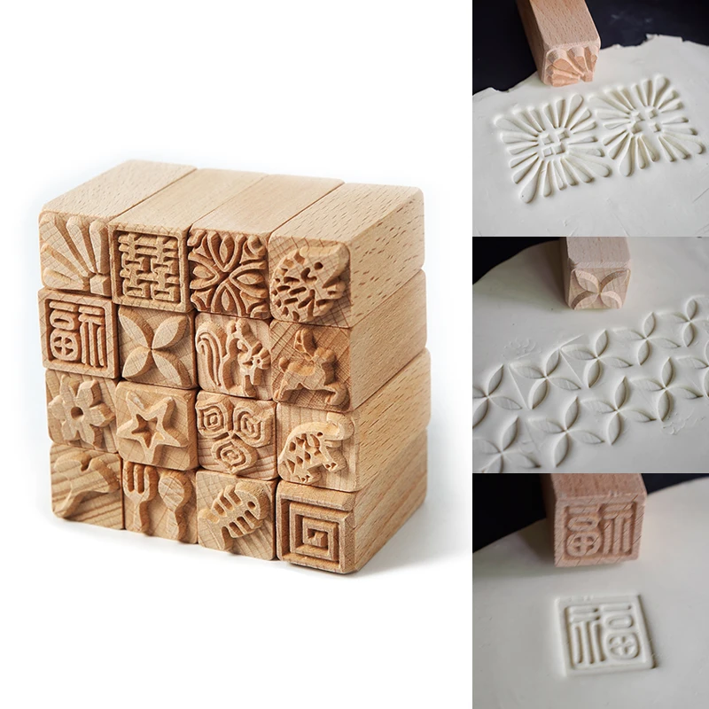 Hand Carved Wooden Stamps Wood Seal for Printing DIY Clay Pottery Printing Blocks Clay Tool Fish Bone / Squirrel / Flower Deer