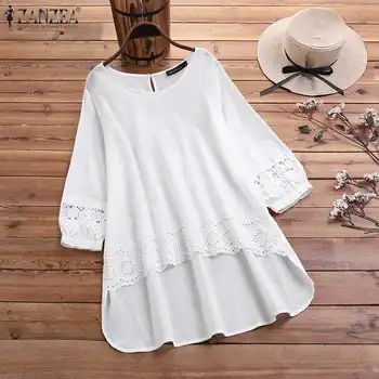 

ZANZEA Spring Solid Lace Spliced Shirt 22020 Women Casual Blouse Solid Long Sleeve Cotton Linen Tops Tunic Loose Blusas Chemise