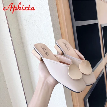 

Aphixta Square Heels Women Slippers Round Metal Square Toe Soft Leahter Summer Autumn Women'S Shoes Plus Big Size 43