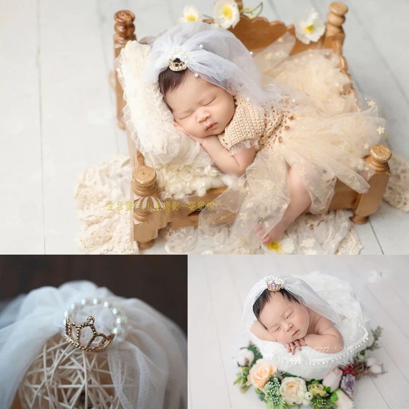 Newborn photography props princess veil baby heandband jewelry wedding headdress  hand string pearl princess lace