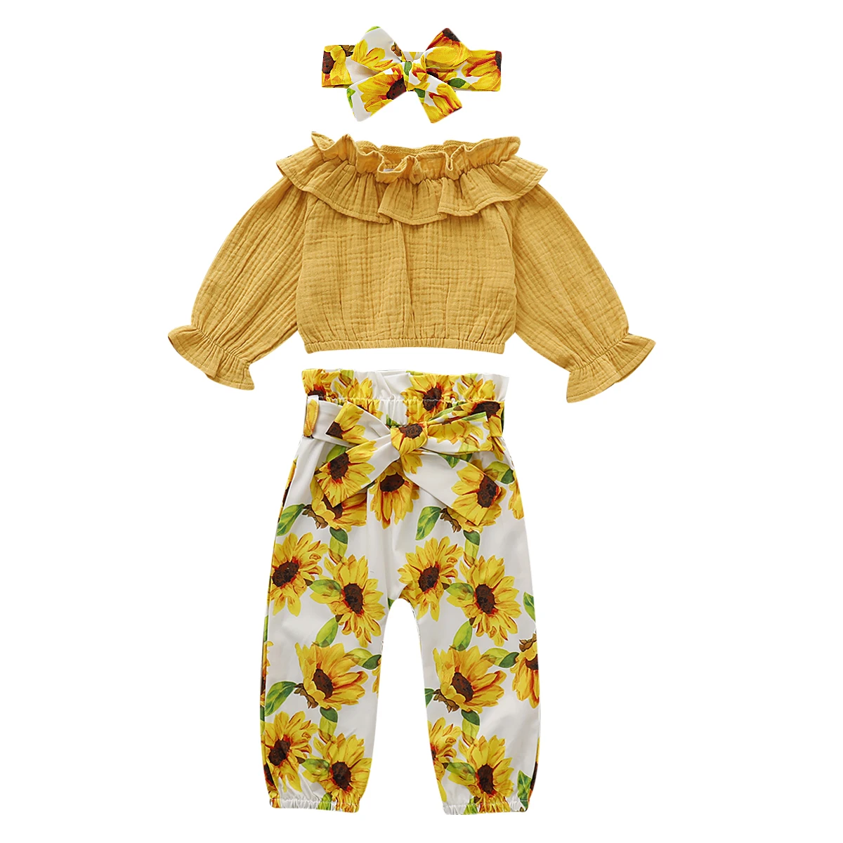 

1-4Y Toddler Baby Girl Clothes Sets Long Sleeve Ruffle Tops Sunflower Pants Headband Outfits Autumn Clothes