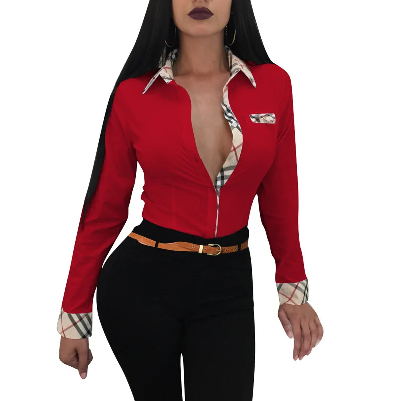 

2020 Best Selling Women Clothing Shirt Long Sleeve turn-down collar Splicing Women Shirt Fashion Slim OL Office lady Shirt