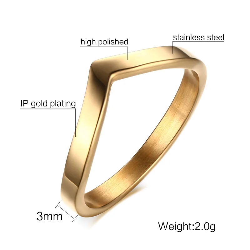 Простые Вечерние кольца в форме V, золотые, серебряные, розовые, золотые, 316L, нержавеющая сталь, модные ювелирные изделия, кольца для женщин