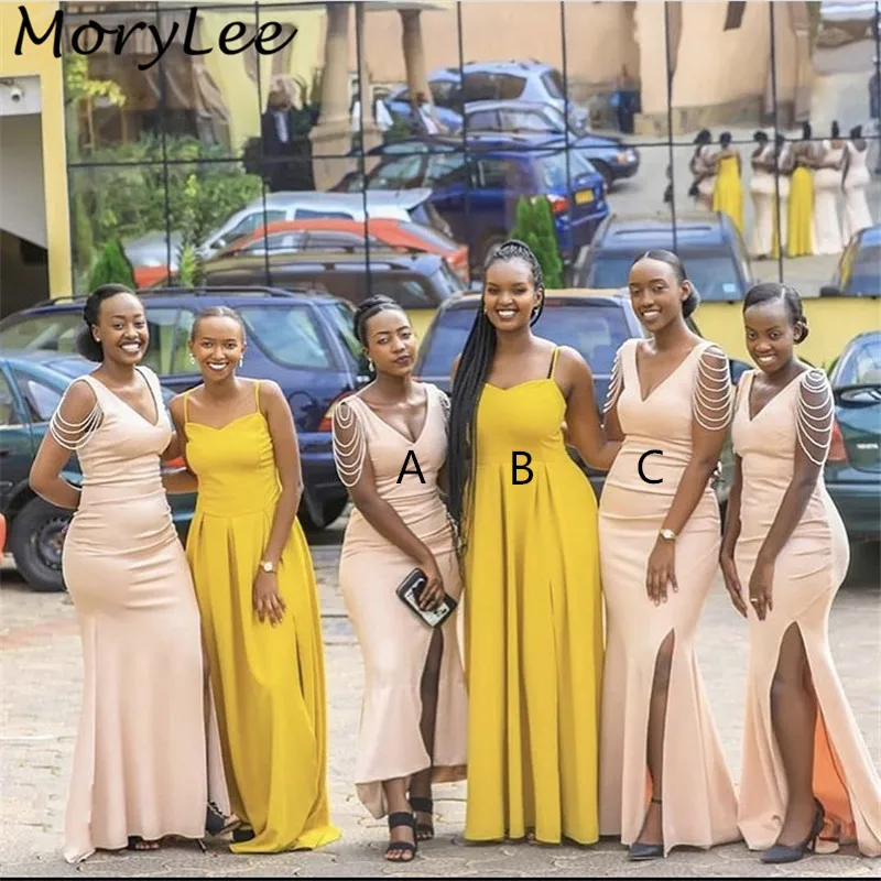 Bridesmaid Dresses African V-Neck Sleeveless Mermaid Satin Bridesmaid Dresses With Zipper Back Wedding Party Bridemaid Gowns