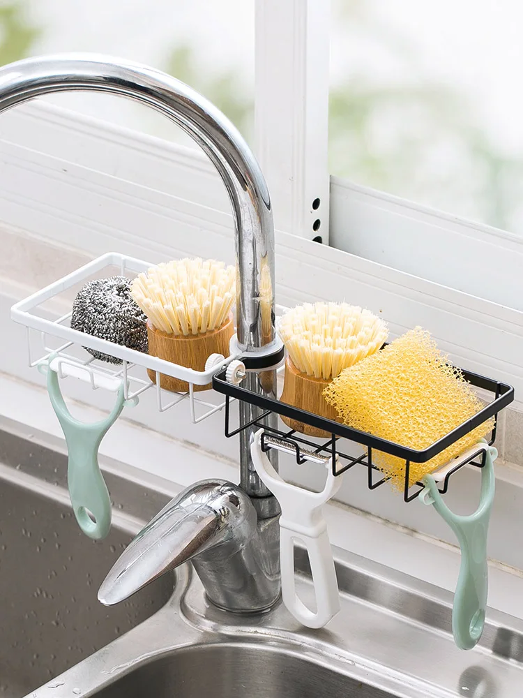 Wrought iron frame kitchen faucet organising rack pool dishcloth drop from punching sink storage shelf