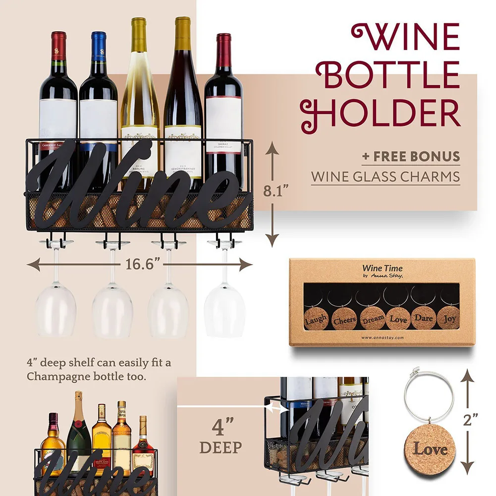 

Wall Mounted Wine Rack Bottle Glass Holder Cork Storage Store Red White Champagne Home Kitchen P666