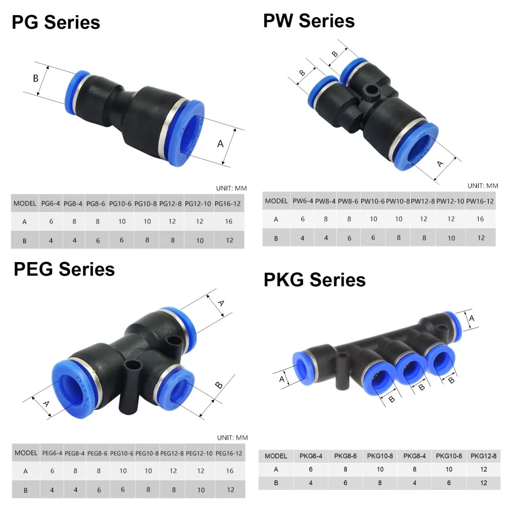 Pneumatic Fittings Pipe Connector Tube 4 5 14mm OD Hose Reducing 8 10 12mm PG PVG PEG PW PZAG Plastic Push In Air Quick pipe fitting