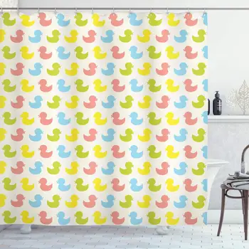 

Flannel Duck Shower Curtain, Colorful Ducklings Baby Animals Theme Pastel Girls Boys Newborn, Cloth Fabric Bathroom Decor Set
