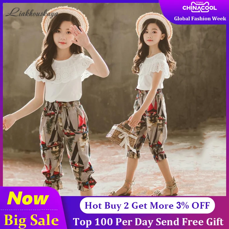 

Summer 2021 Teenage Girls Clothes Sets Outfits Kids Clothes Short Sleeve +Pants Children Clothing Set 3 4 5 6 7 8 9 10 11 12 Y