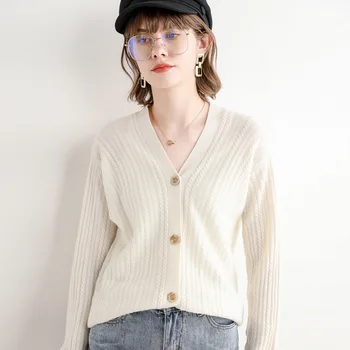 

New solid color knitted cardigan thick thread button long-sleeved cardigan women