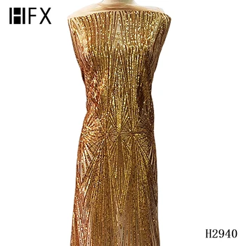 

HFX African Gold Lace Fabric Nigerian French Lace Fabric 2019 High Quality Lace Mesh Net Sequin Lace Fabric For Dress F2940