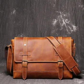 

Vintage Men's Crazy Horse Genuine Leather Briefcase Cowhide Business Shoulder Bag Cow Leather Laptop Portfolio Messenger Bag