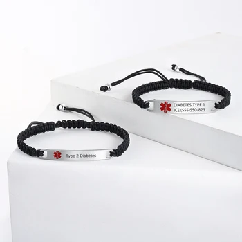 

Custom Engraving Handmade Braided Rope Adjustable Medical Alert Bracelet Stainless Steel Tag ID Bangles for Women Men Kids