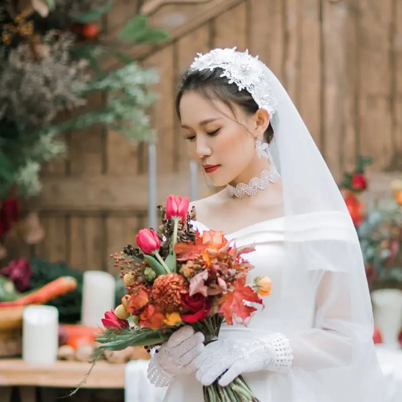 2 уровня винтажная женская свадебная вуаль с цветочной кружевой аппликацией Имитация Жемчужный Цветок из горного хрусталя Свадебная вуаль