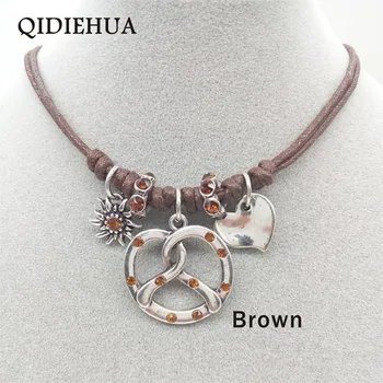 

Fashion Ethnic Style Vintage Silver Handmade Necklace Women Shiny Rhinestone Pretzel Edelweiss Necklace Charm Rope Choker